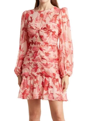 New Floral Print Twist Keyhole Front Long Sleeve Dress Pink Size XL thumbnail 1