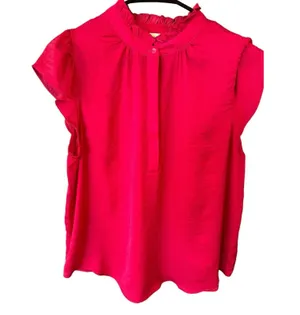 Alex & Lili Short SLV Pullover Silky Blouse Bright Pink High Neck Size Medium thumbnail 1