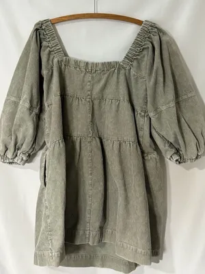 Nectar Clothing Corduroy Puff Sleeve Tiered Babydoll Mini Dress Olive L thumbnail 5