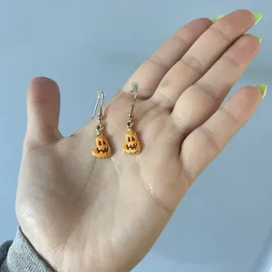 Halloween Earrings Enamel Pumpkin Jack O Lantern‎ Orange Handmade Gold Plated thumbnail 3