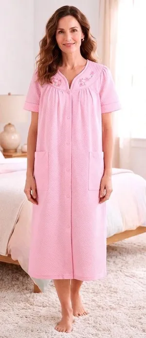 White Stag Pink Seersucker Snap Front House‎ Coat Floral Embroidered Robe M 8-10 thumbnail 1