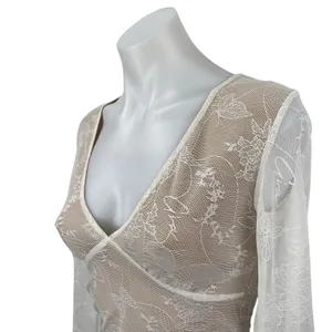 I.AM.GIA Yvette White Beige Floral Lace Layered Long Sleeve V Neck Blouse Top S thumbnail 2