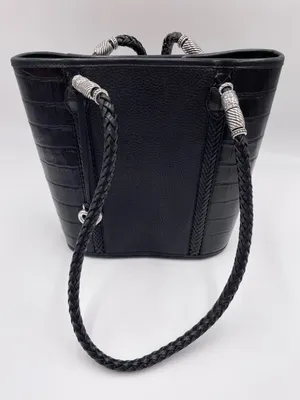 Vintage Brighton Black Pebbled Leather Croc Embossed Shoulder Bag Bucket Tote thumbnail 11
