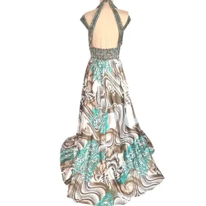 Animal Print Maxi Dress S Beaded Halter Brown Teal Flowy Mobwife Charmeuse thumbnail 6