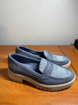 Toms Cara Platform Chunky Lug Sole Loafer Blue Denim Fabric Academia Casual W9 thumbnail 3