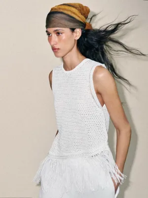 Zara White Fringe Knit Tank Top thumbnail 2