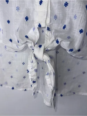 Loft Button‎ Down Tie Front Collar Top White Blue Textured Pattern Large thumbnail 4
