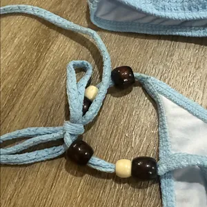 Light Blue Textured Bikini Set with bead accents halter top Size M thumbnail 2