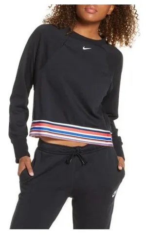 Nike Black Logo Striped Hem Pullover Crop Sweatshirt Size Medium thumbnail 1