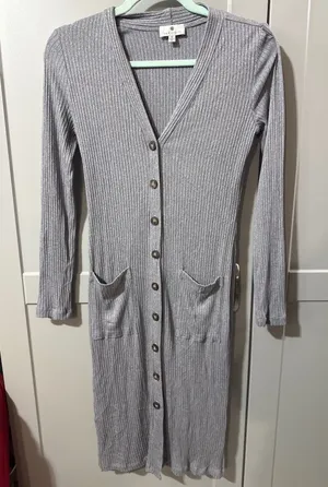 Socialite Gray Ribbed Button-Up Long Sleeve Dress with Pock thumbnail 1