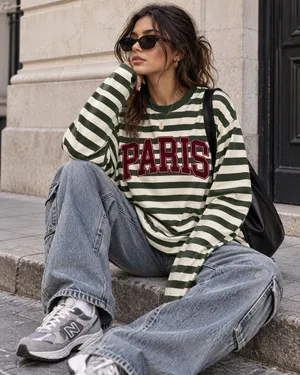 Anthropologie Paris Striped Long Sleeve Tee Green Cream Varsity Streetwear XS thumbnail 1
