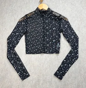 Aeropostale‎ Womens Small Floral Sheer Mesh Mock Neck Crop Top Whimsigoth thumbnail 1