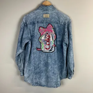 Vintage 80s Levis Sportswear Acid Wash‎ Denim Button Up Shirt Small Sequin Bow S thumbnail 8