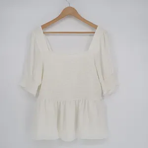 Nine West Babydoll Top Womens XL White Smocked Bodice Puff Sleeves Square Neck thumbnail 2