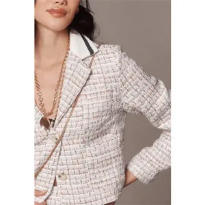 Anthropologie Maeve Pink & White Boucle Tweed Cropped Blazer thumbnail 2