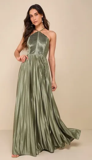 NWT Lulus Elaborate Charm Olive Green Satin Pleated Backless Maxi Dress Party S thumbnail 1