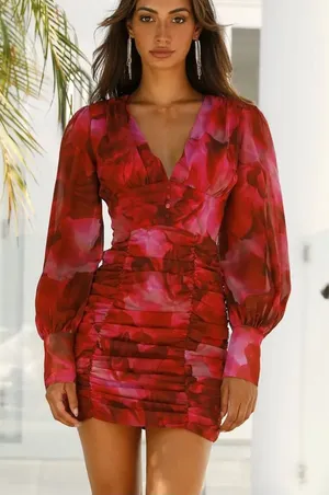 RUNAWAY THE LABEL LITSA DRESS PINK Rose Mini Long Sleeve Floral Size Large L thumbnail 1