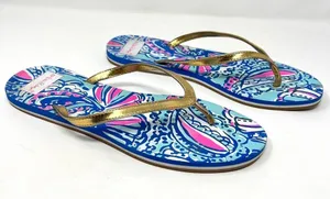 Lilly Pulitzer Coastal Blue Pink Print Gold Metallic Strap Flip Flops 9.5 thumbnail 1