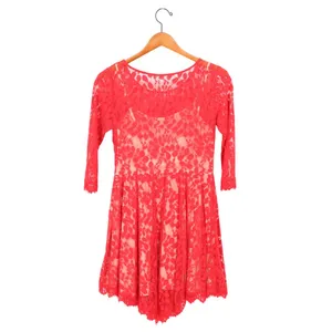 Free People Floral Mesh Lace Red Mini Dress Asymmetrical Hem 3/4 Sleeve 6 thumbnail 8