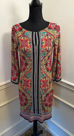 Laundry by Shelli Segal Retro Medallion Print Shift Dress 3/4 Sleeve Lined Bold thumbnail 1