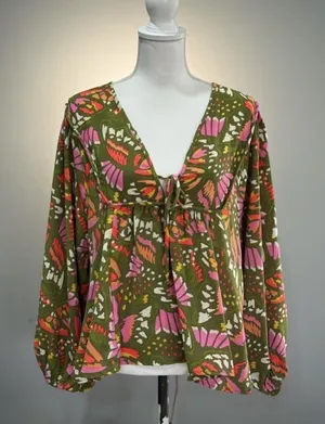 Green Michelle McDowell Retro Print Blouse Size L EUC Size L thumbnail 1
