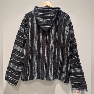 Baja Joe Black Gray Mexican Rug Pullover Hooded Sweater Size Small‎ thumbnail 2