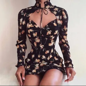 Women's Floral Print Heart Neck Long Sleeve Cocktail Party Mini Dress Size XL thumbnail 3