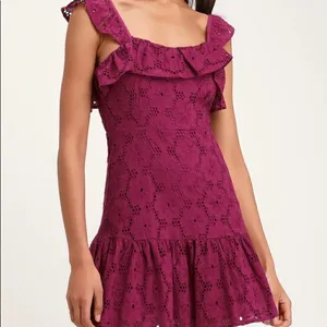 Lulu’s Biscay Magenta Ruffled Eyelet Lace Dress thumbnail 2