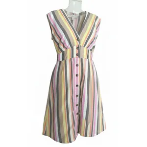 LOFT Multicolor Vertical Striped Button Front V-Neck Summer Dress 4 Petite thumbnail 8