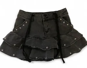 Social collision Gothic Grunge Black Grey Denim micro mini skirt sukapan bratz preppy dark academia white stars studded ribbon tie Measurement in pics thumbnail 1
