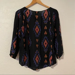 Lucky Brand Amelia Geometric Print Peasant Top SZ Medium‎ Black Blue Boho​ Aztec thumbnail 3