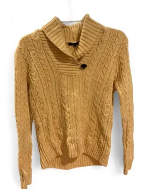 Butter Yellow Cable Knit Chunky‎ 100% Cotton Shawl Collar Sweater Medium thumbnail 1