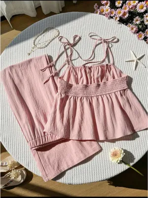 SheIn Dusty Pink Tie-Shoulder 100% Cotton Set thumbnail 2