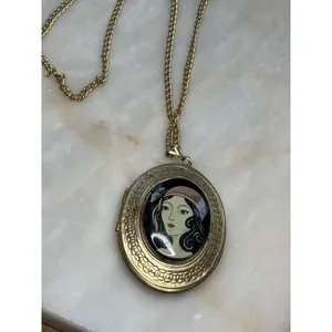 Vintage Art Deco Gold-Tone Oval Locket Necklace With Painted Lady Portrait thumbnail 14