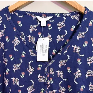 Charter Club Womens‎ Navy Paisley Floral Button Front Short Sleeve Nightgown M thumbnail 3