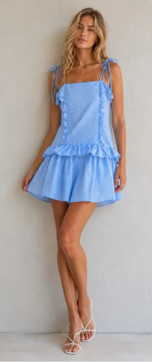 Moon River Blue Stripe Ruffle Tiered Mini Dress Tie Strap Nautical Coastal Prep thumbnail 1