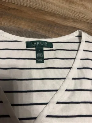 Lauren Ralph Lauren White and Navy Striped V-Neck Tee thumbnail 2