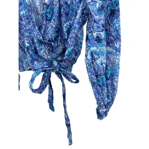 Free People Ruffle Cotton Wrap Top M Blue Floral Paisley Balloon Sleeve Festival thumbnail 2