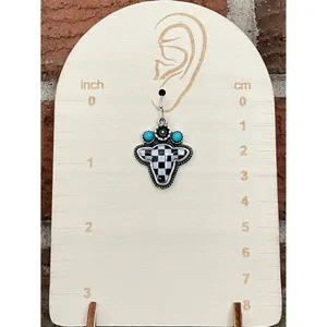 Checkerboard Cow Earrings with Turquoise Black thumbnail 2
