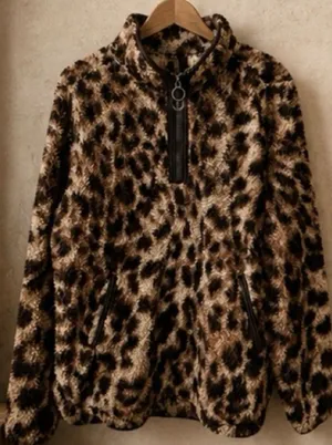 Cozy Sherpa Womens Leopard Print Fuzzy Fleece Pullover Half Zip Women Jacket XXL thumbnail 1