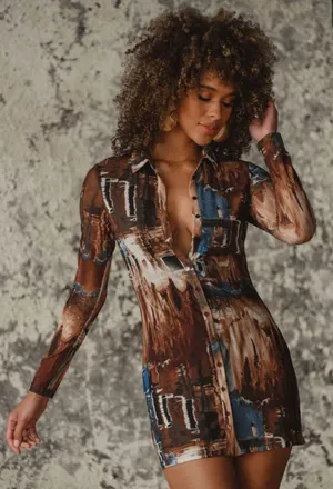 12th Tribe Brown Mesh Button Up Dress thumbnail 7
