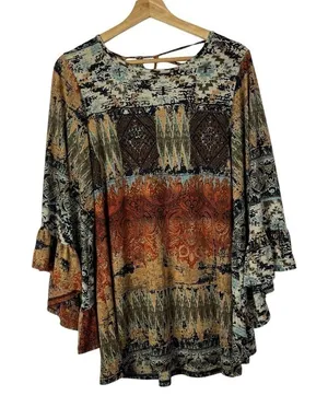 Boutique Now N Forever Brown Boho Printed Long‎ Bell Sleeve Top L thumbnail 1