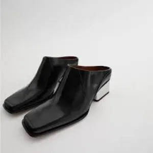 Zara square toe‎ block heel mules black leather size 36 thumbnail 3