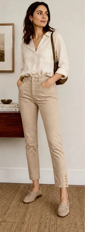 Tory Burch Emmy Beige Slim Ankle Pants Gold Snap Detail Stretch Sz 26💛 thumbnail 1
