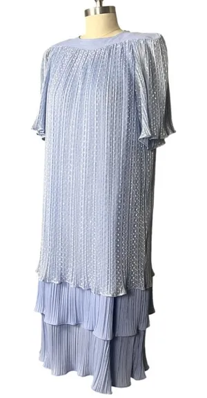 Vintage 80s Risa Ann Baby Blue Shimmer Pleated Tiered Dress S/M thumbnail 1