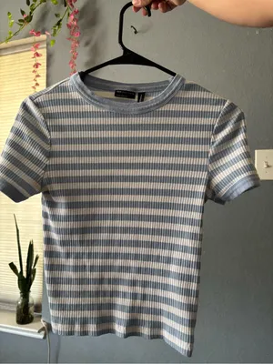ASOS Design Blue & White Striped Ribbed T-Shirt thumbnail 3