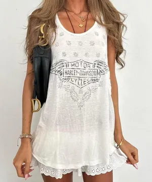 Harley Davidson Linen Rayon Biker Y2K Vintage Sleeveless tank top Blouse Shirt Punk Rock Streetwear Edgy Goth Modernist Black White Sz L Approx measurement Pit to pit:18” Length:24.5” thumbnail 1