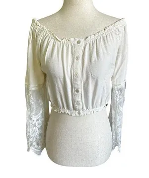 Kendall & Kylie Ivory Boho Bohemian Embroidered Crop Top Women Sz Small | 42-23 thumbnail 2