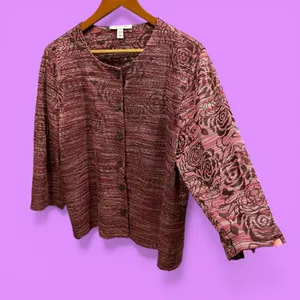 JM Collection Cute cottagecore raspberry roses stretchy cardigan tapestry look top thumbnail 1
