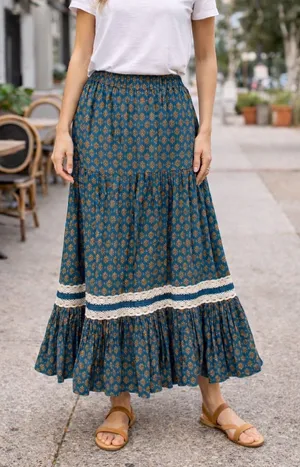 Luna Moon Tiered Maxi Skirt Teal Orange Floral Lace Trim Boho Festival‎ Medium thumbnail 1